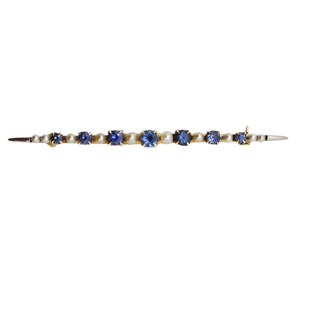 14K Gold Blue Stone & Pearl Bar Brooch