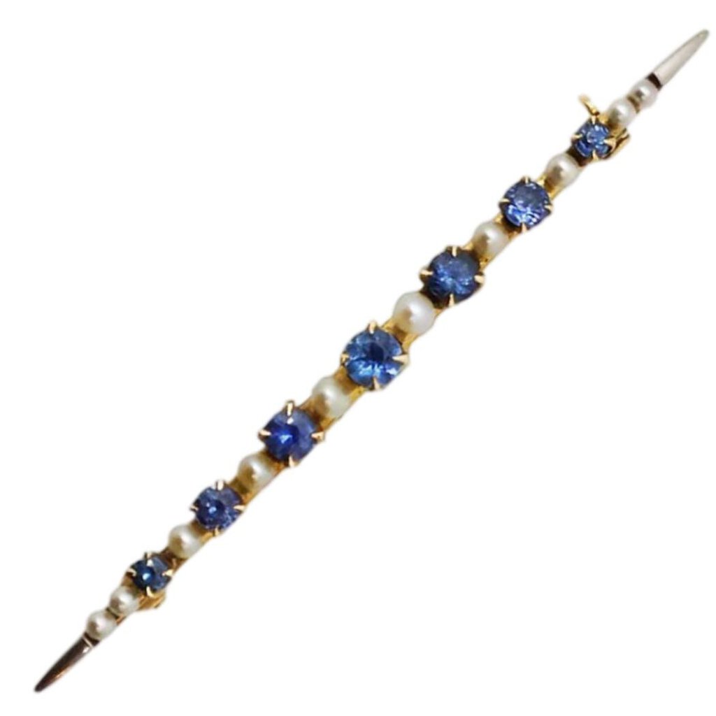 14K Gold Blue Stone & Pearl Bar Brooch