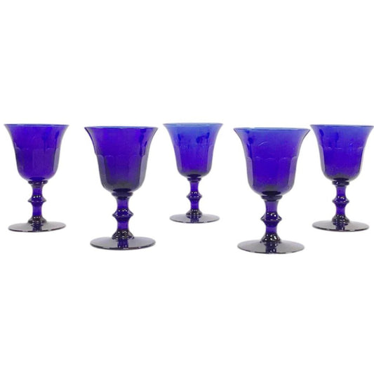 5 Hand-Blown Cobalt Blue Faceted Wine Glasses