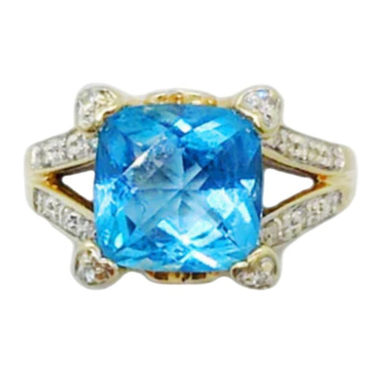 14K Yellow Gold Blue Topaz and Diamond Ring