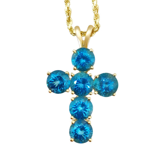 14K Yellow Gold Blue Topaz Cross Pendant Necklace