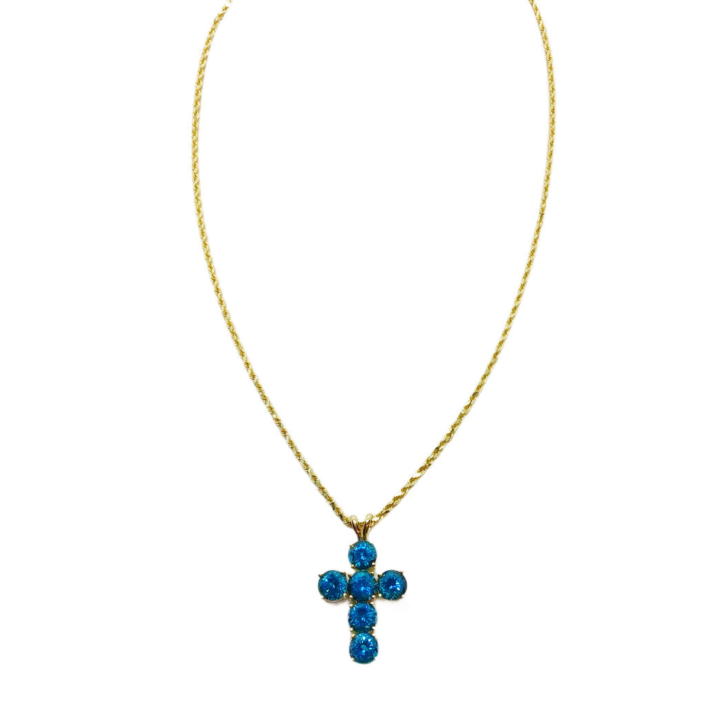 14K Yellow Gold Blue Topaz Cross Pendant Necklace