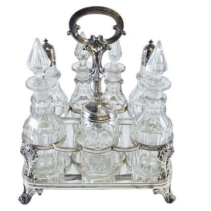 7-Bottle Silverplate & Cut Glass Cruet Set