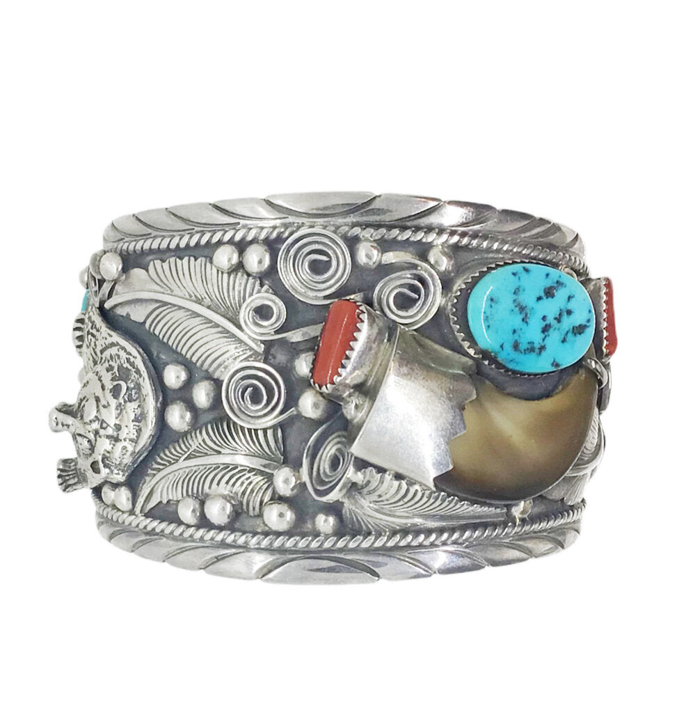 Native American Bear Claw Sterling Silver Cuff w. Turquoise & Hardstones