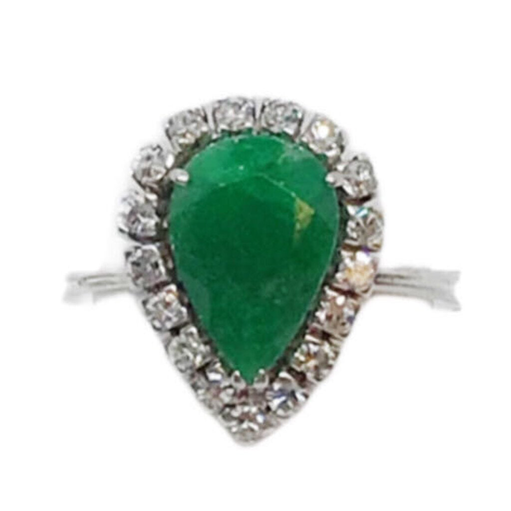 Pear Shaped Emerald in Diamond Surround, 18Kt White Gold