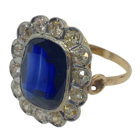 Antique Lab Created Sapphire & Diamond Ring, 18Kt Gold