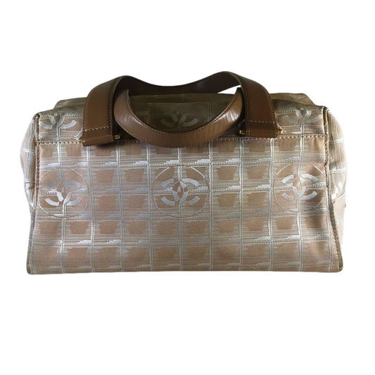 Beige Chanel logo canvas leather bag