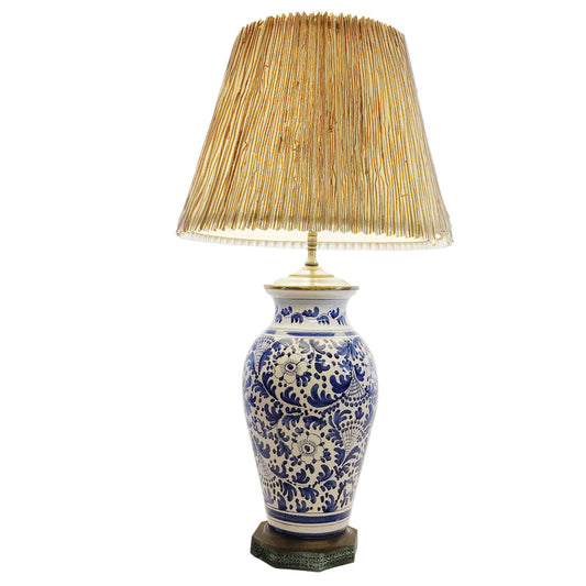 Blue Underglaze Ceramic 2-Light Lamp on Brass Stand