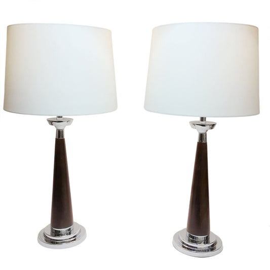 Pair/Conical Wood & Stainless Steel Table Lamps