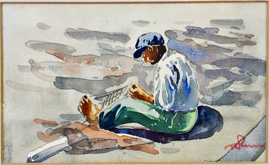 Fisherman Mending Nets. Watercolor on Paper, Signed.