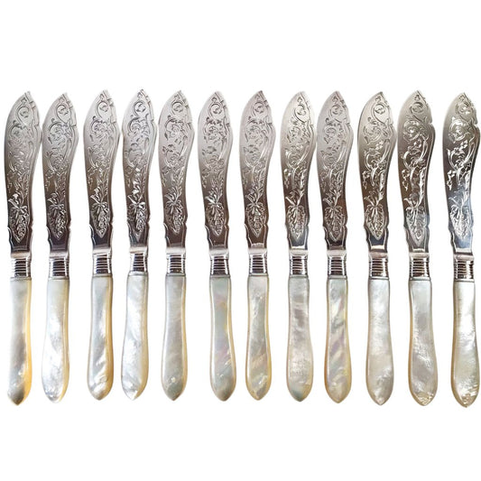 12 H&H Sterling, Silverplate & Mother of Pearl Table Knives, 1888