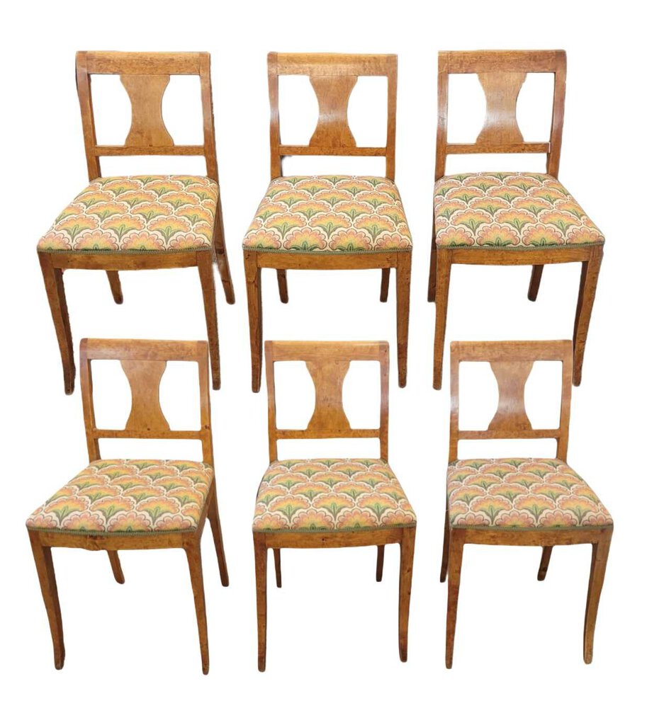 6 Karl Johan Flame Birch Side Chairs, 19th c.