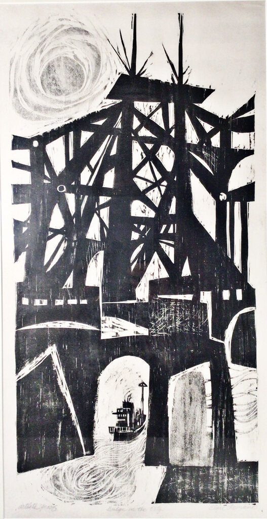 Romano, "Bridge in the City". Wood Block, 1955.