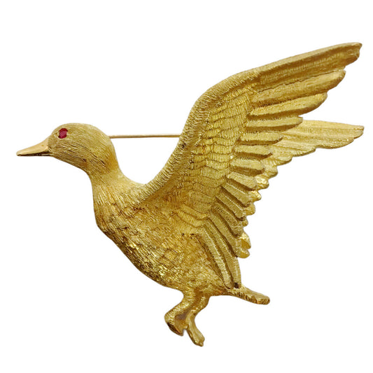 18Kt Gold Duck in Flight w. Brushed and Naturalistically Modeled Feathers