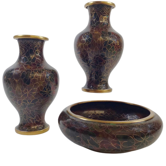 Chinese Cloisonne Trio - 2 Vases & Shallow Bowl