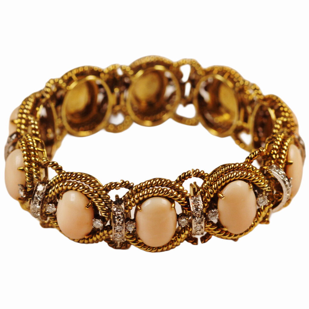 Angel Skin Coral Cabochon Diamond (circa 2.6 Total Carat Weight) & 14Kt Gold Ropework Bracelet