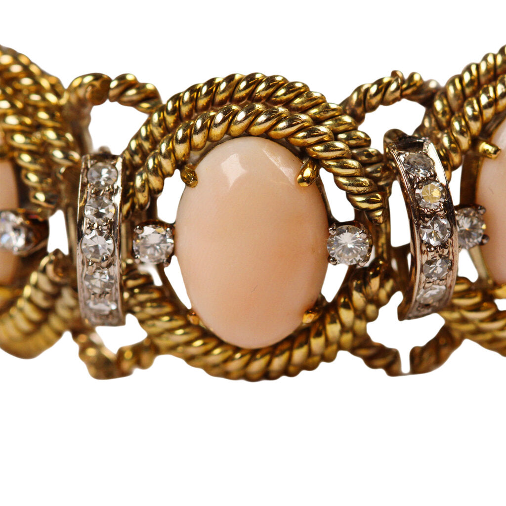 Angel Skin Coral Cabochon Diamond (circa 2.6 Total Carat Weight) & 14Kt Gold Ropework Bracelet