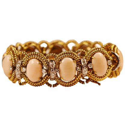 Angel Skin Coral Cabochon Diamond (circa 2.6 Total Carat Weight) & 14Kt Gold Ropework Bracelet