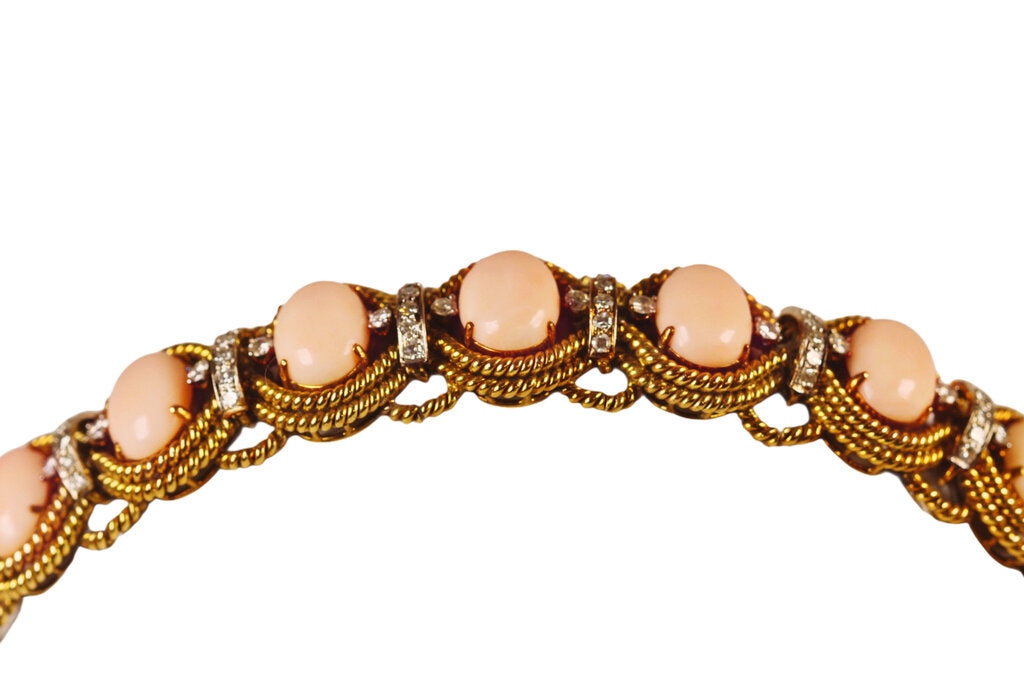 Angel Skin Coral Cabochon Diamond (circa 2.6 Total Carat Weight) & 14Kt Gold Ropework Bracelet