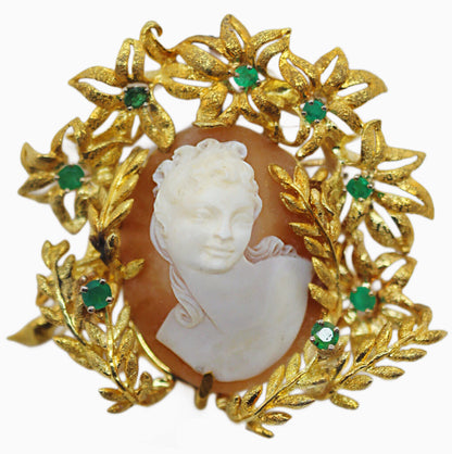 Classical Profile High Relief Cameo Brooch/Pendant Mounted in Emerald Set Floral 18Kt Gold Frame (Tested)