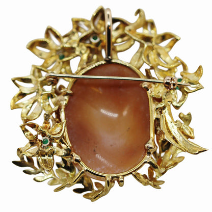 Classical Profile High Relief Cameo Brooch/Pendant Mounted in Emerald Set Floral 18Kt Gold Frame (Tested)