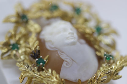 Classical Profile High Relief Cameo Brooch/Pendant Mounted in Emerald Set Floral 18Kt Gold Frame (Tested)