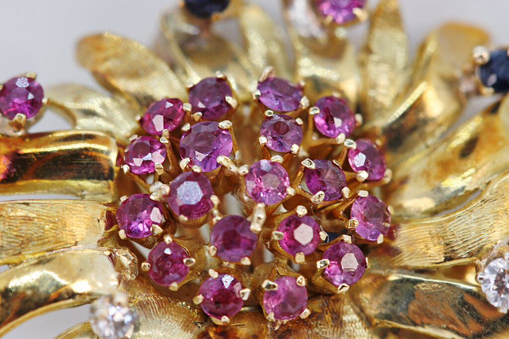 Retro 18Kt Gold Sunflower Brooch (Tested) Set w. Rubies, Diamonds & Sapphires