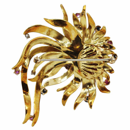 Retro 18Kt Gold Sunflower Brooch (Tested) Set w. Rubies, Diamonds & Sapphires