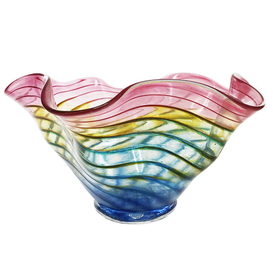 Signed Handblown Rainbow Ruffled Glass Bowl