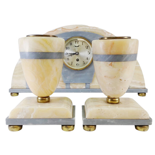 3pc. French Art Deco Marble Clock Set, ca. 1920s-30s