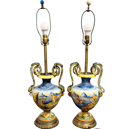 Pair/Polychrome Majolica Amphora Table Lamps