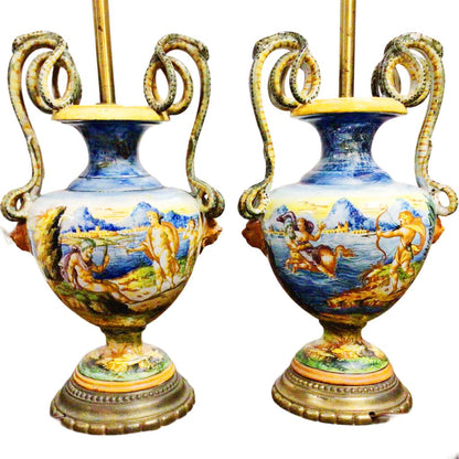 Pair/Polychrome Majolica Amphora Table Lamps