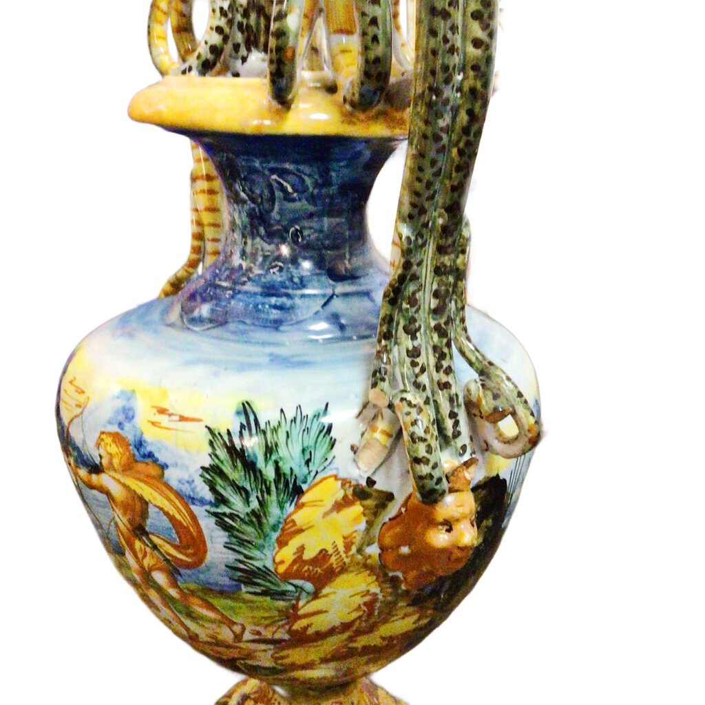 Pair/Polychrome Majolica Amphora Table Lamps