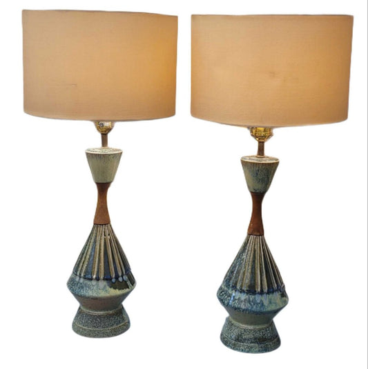 Pair/Midcentury Ceramic Drip Glaze Lamps w/Wooden Accents