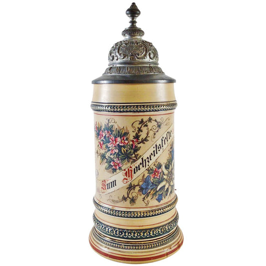 German Pewter & Porcelain Wedding Stein, ca. 1900