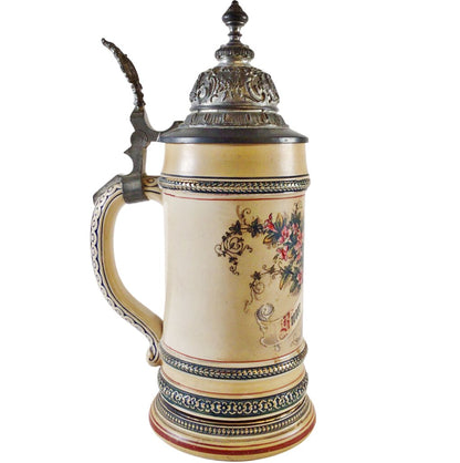 German Pewter & Porcelain Wedding Stein, ca. 1900