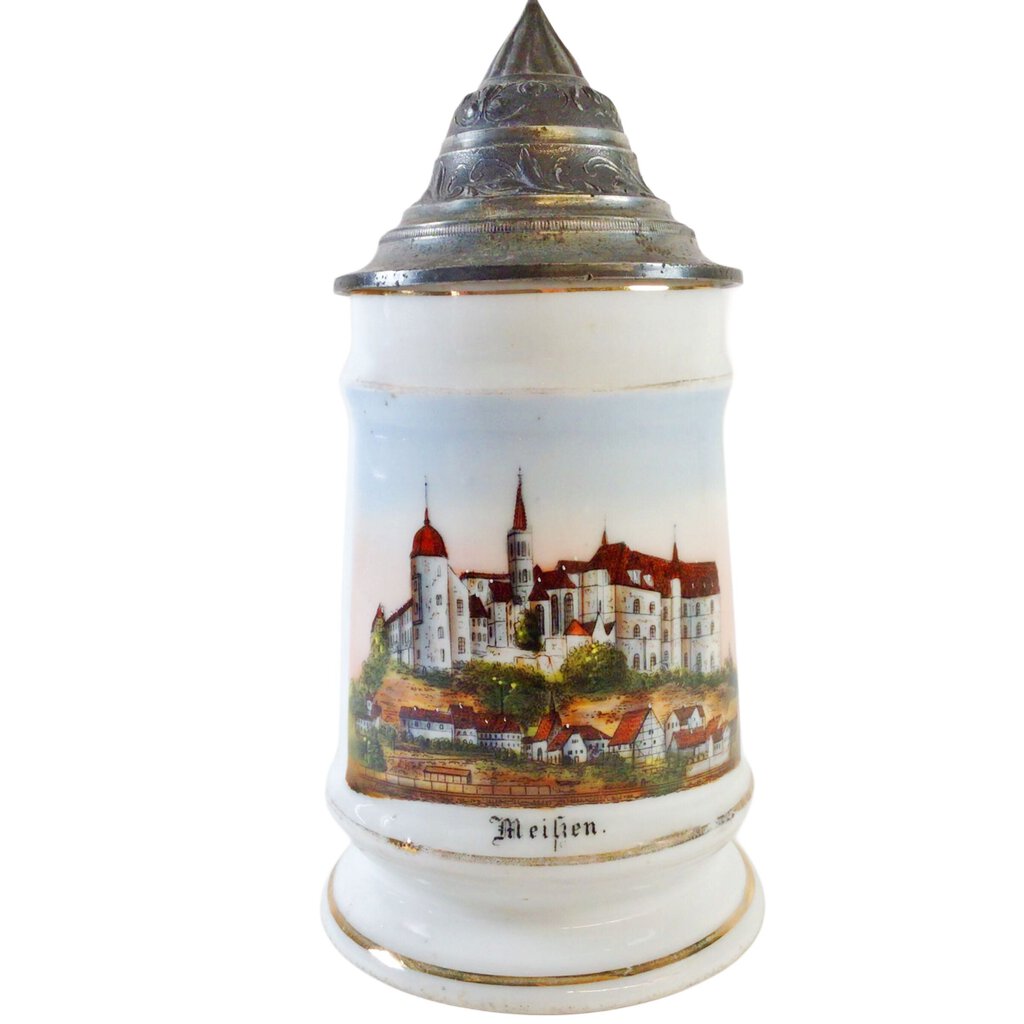 German Pewter & Porcelain Litho-Pane Stein, ca. 1850-75