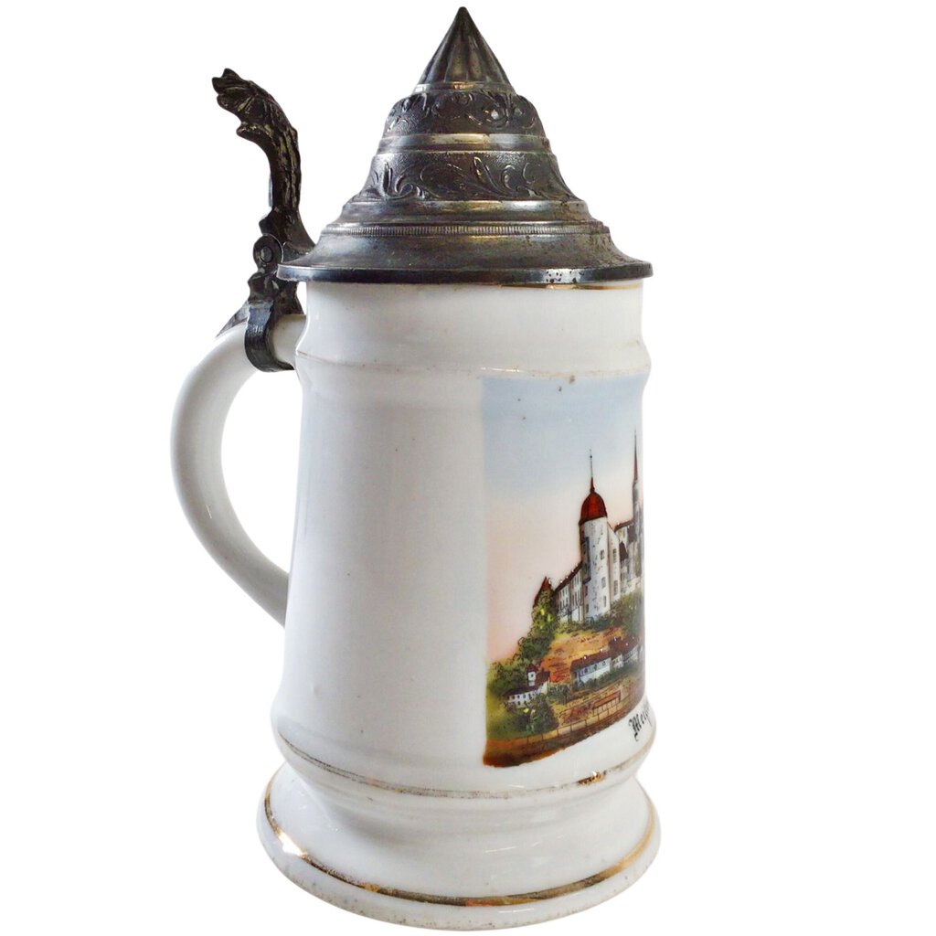 German Pewter & Porcelain Litho-Pane Stein, ca. 1850-75