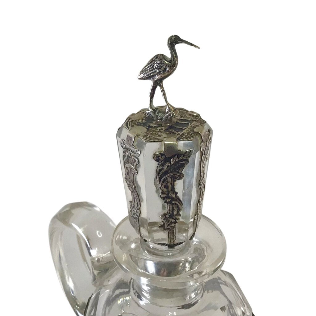 19th c. Dutch Silver & Crystal Decanter w/Ibis Finial