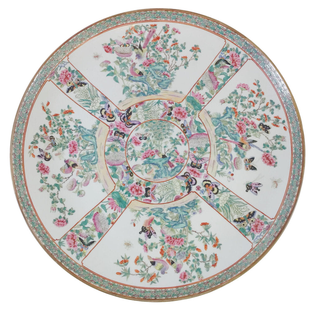 20th c. Chinese Rose Medallion Birds & Butterflies Charger