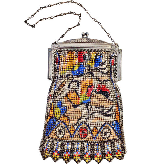 1920s Whiting & Davis Nickel Silver & Enamel Mesh Bag