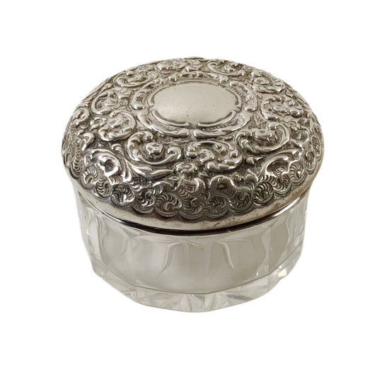 English Sterling & Cut Glass Powder Jar, 1897