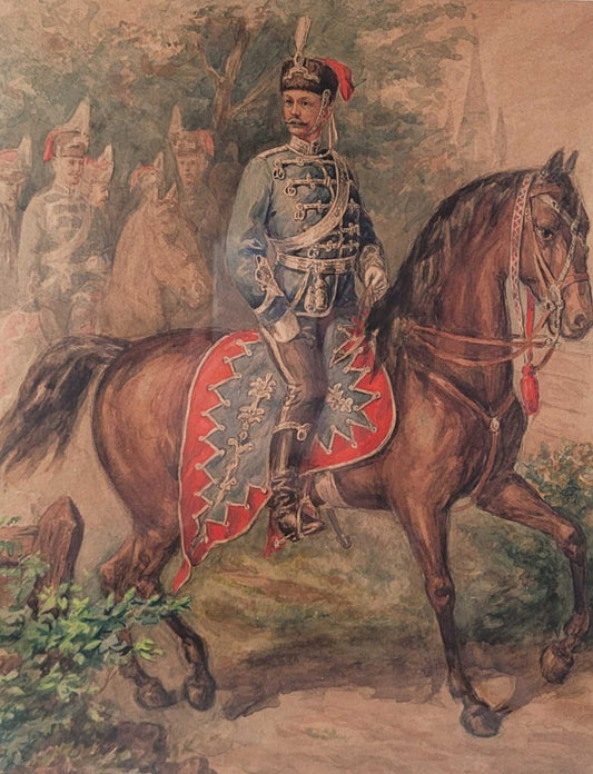 19th C. Prussian Soldiers on Horseback. Watercolor