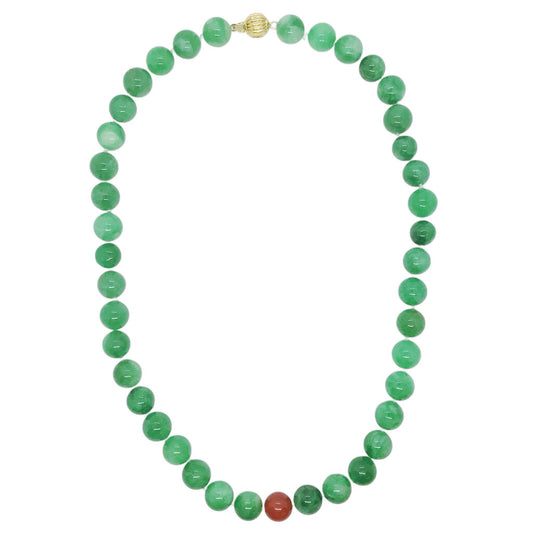 Jade Bead Necklace w. Carnelian Bead, Gold Plated Clasp