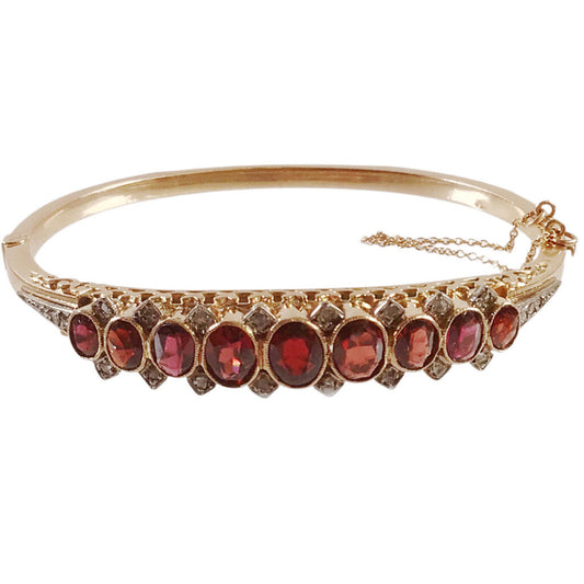 Antique14Kt Gold Rose Cut Diamond & Garnet Hinged Bangle Bracelet