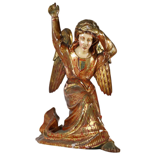 19th c. German Polychrome Parcel-Giltwood Kneeling Angel