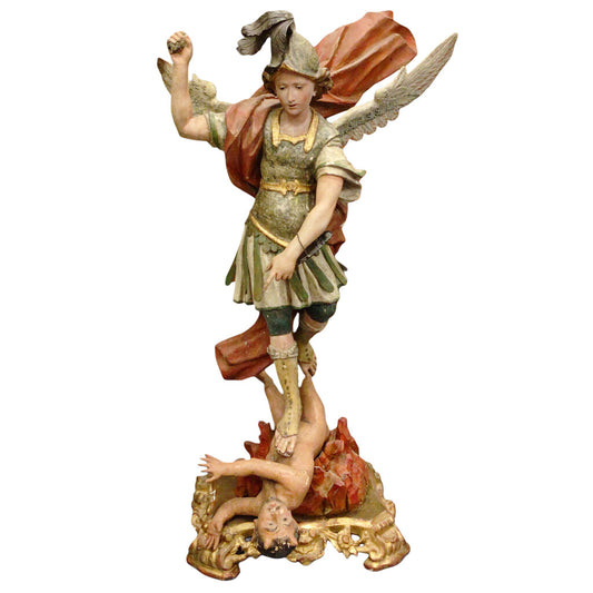 18th c. German Polychrome Parcel-Giltwood Sculpture of St. Michael Vanquishing Satan