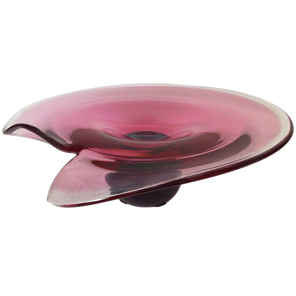 Handblown Pink Lilypad Art Glass Pedestal Dish