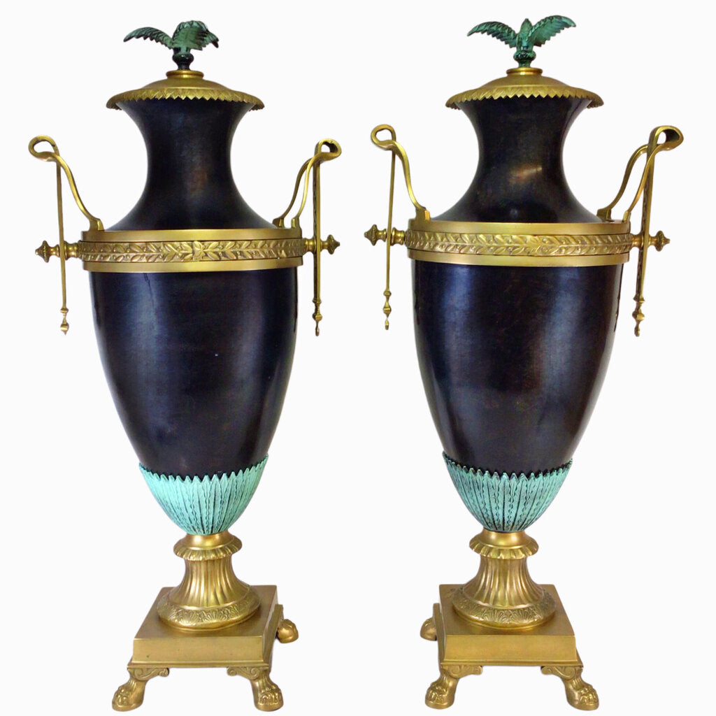 Pair of Brass Urns w/Patinated Fern Finials