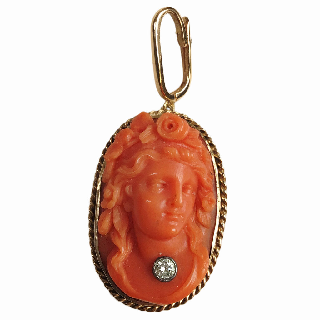 Coral Relief Classical Female Bust Set w. Diamond Mounted in 14Kt Gold Pendant/Enhancer